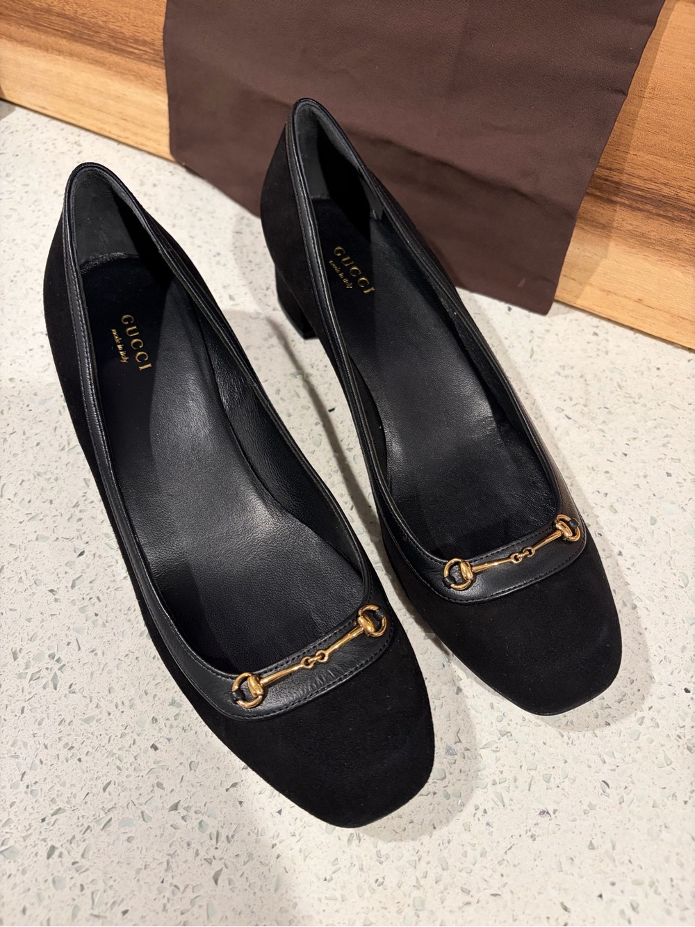 Gucci Black Suede Low Block Heel Pumps with Gold Horsebit - Picture 2 of 10